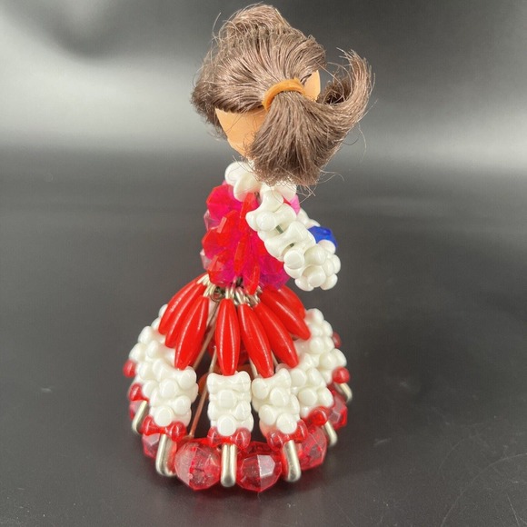 Vintage Tramp Art Doll Head Beaded Safety Pin Girls Blue Red Dress Display - Picture 6 of 16